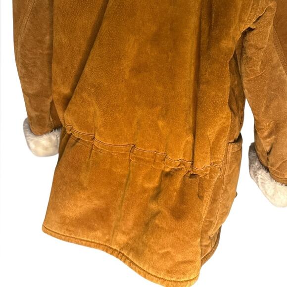 Y2K Brown Suede Fur Trim Lined Oversized Hooded Coat Womens Size XS Boho 70s - Picture 7 of 10